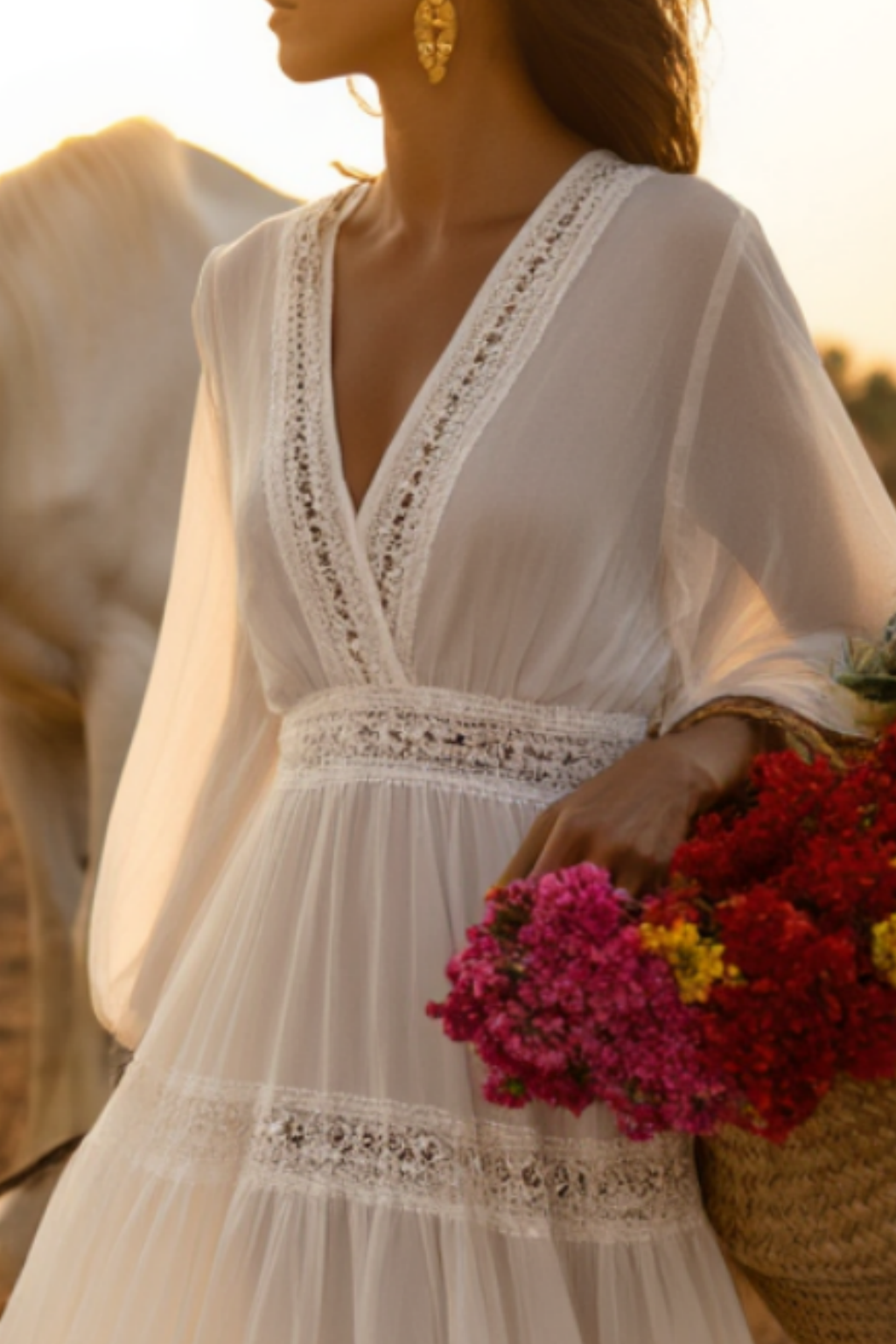 Bohemian Holiday Swing Dress White Long Sleeve Floor-Length Dress