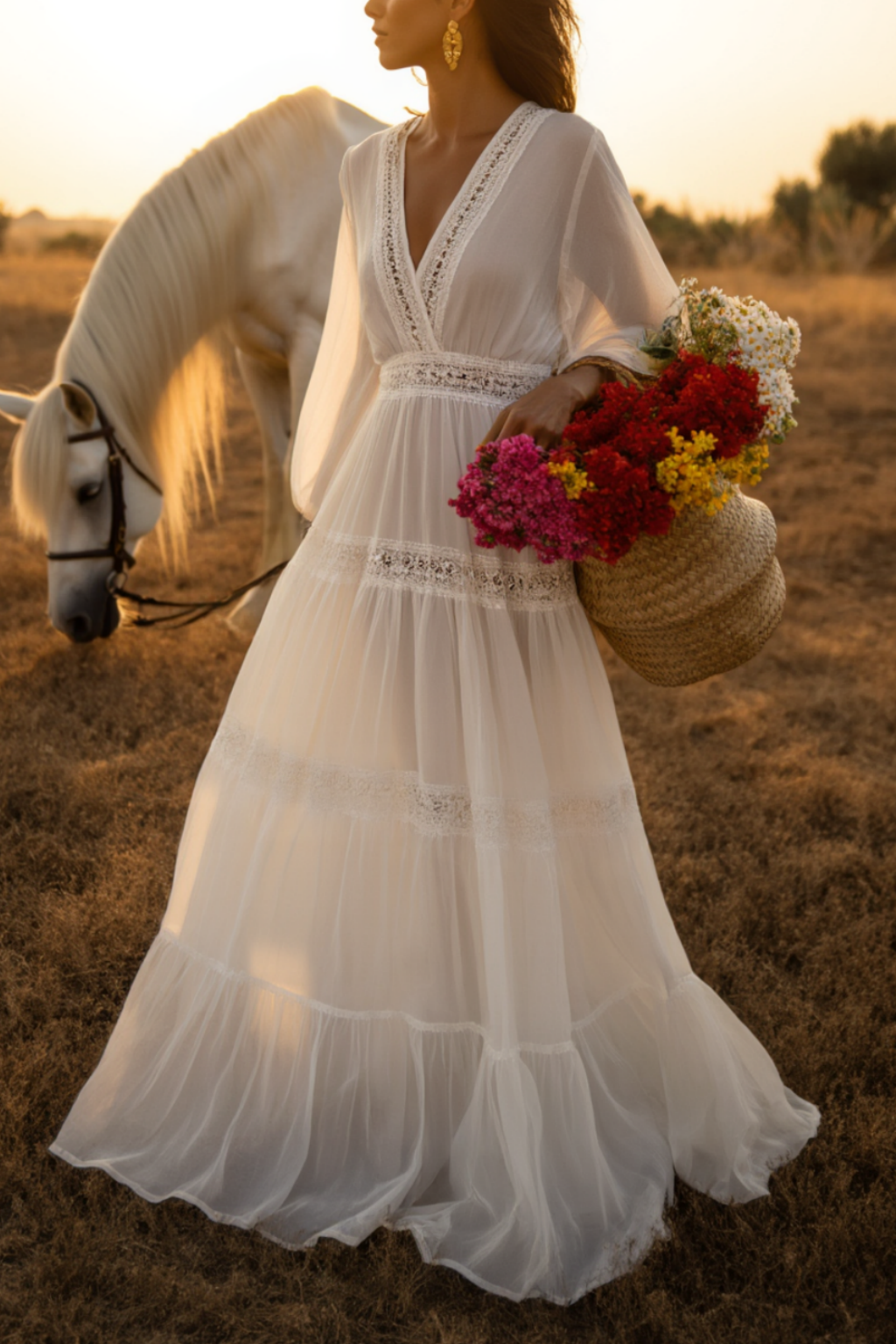 Bohemian Holiday Swing Dress White Long Sleeve Floor-Length Dress