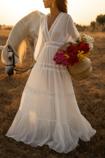 Bohemian Holiday Swing Dress White Long Sleeve Floor-Length Dress