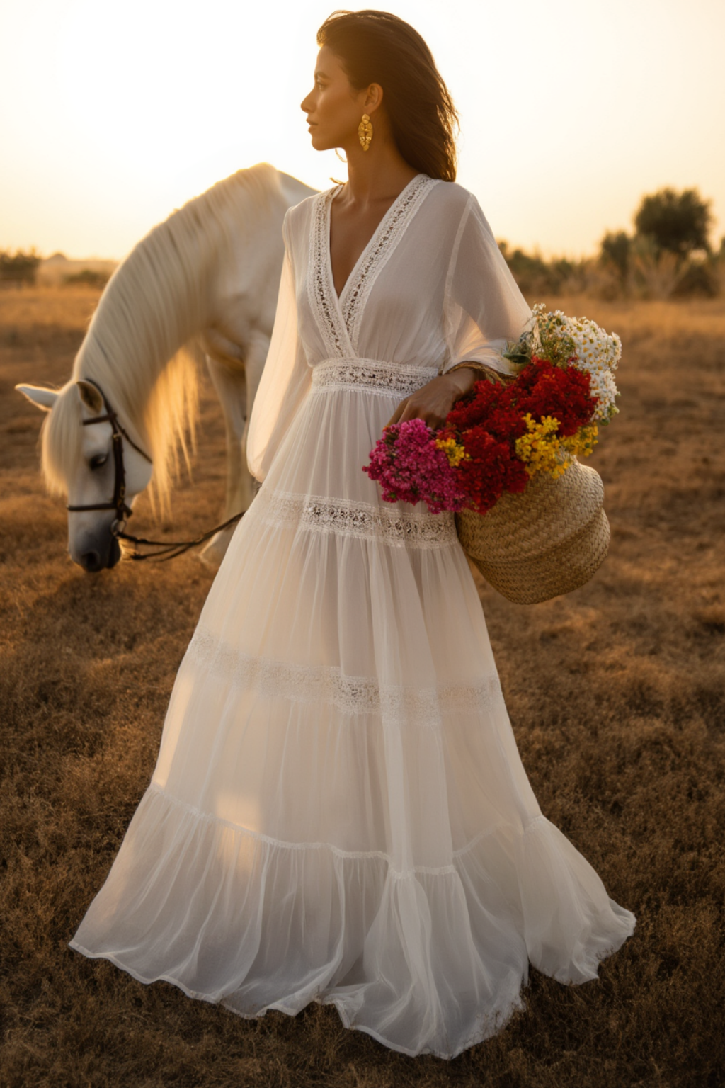 Bohemian Holiday Swing Dress White Long Sleeve Floor-Length Dress