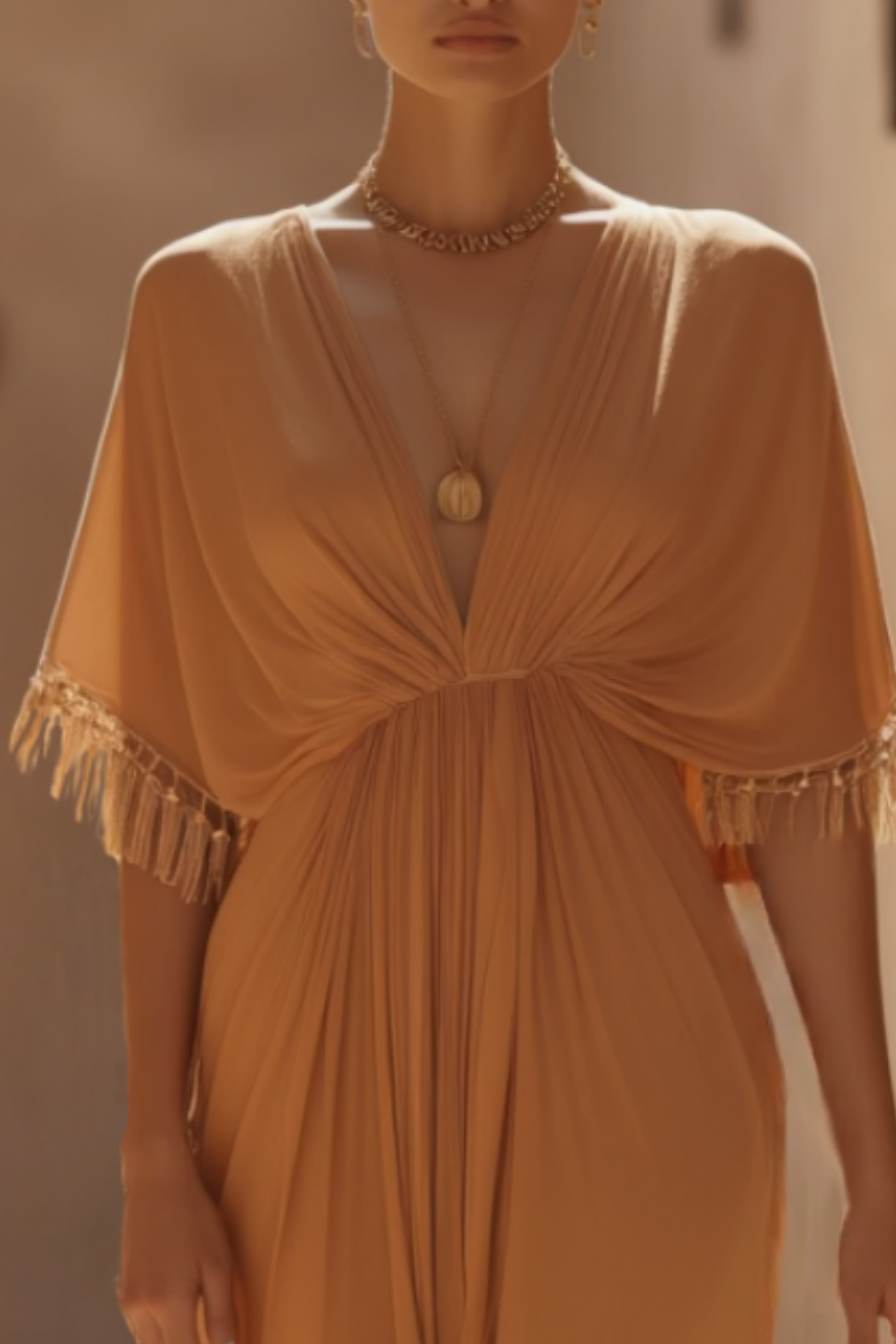 Bohemian Holiday Dress Orange Half Sleeve Floor-Length Dress