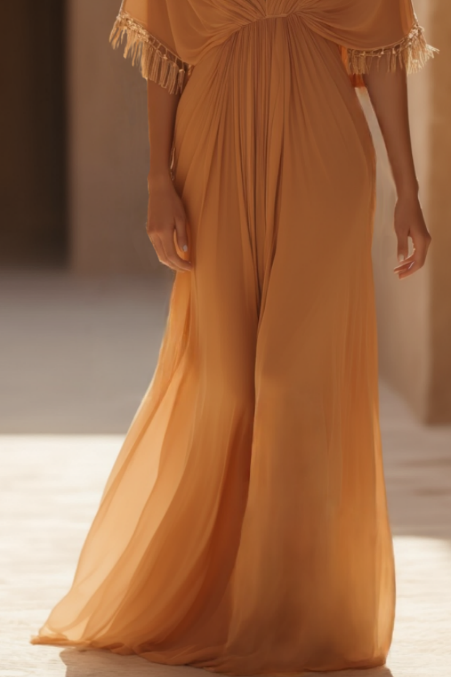 Bohemian Holiday Dress Orange Half Sleeve Floor-Length Dress