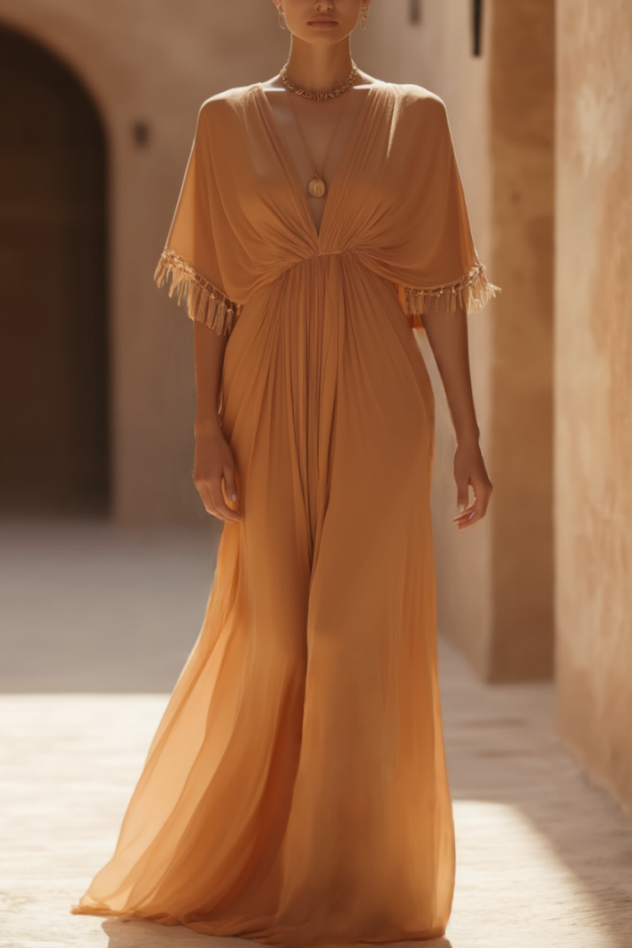 Bohemian Holiday Dress Orange Half Sleeve Floor-Length Dress