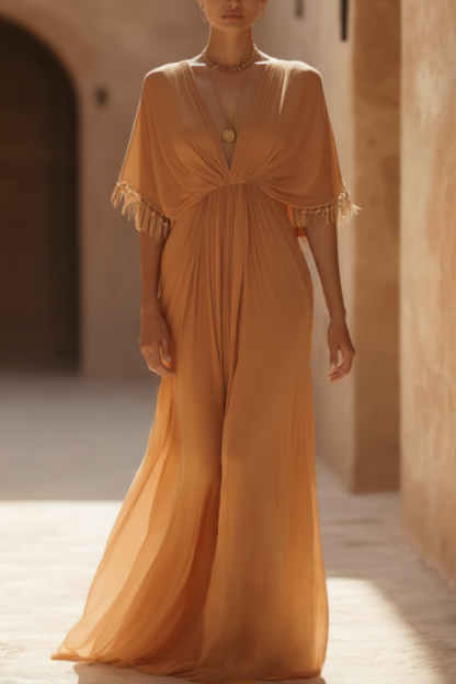Bohemian Holiday Dress Orange Half Sleeve Floor-Length Dress