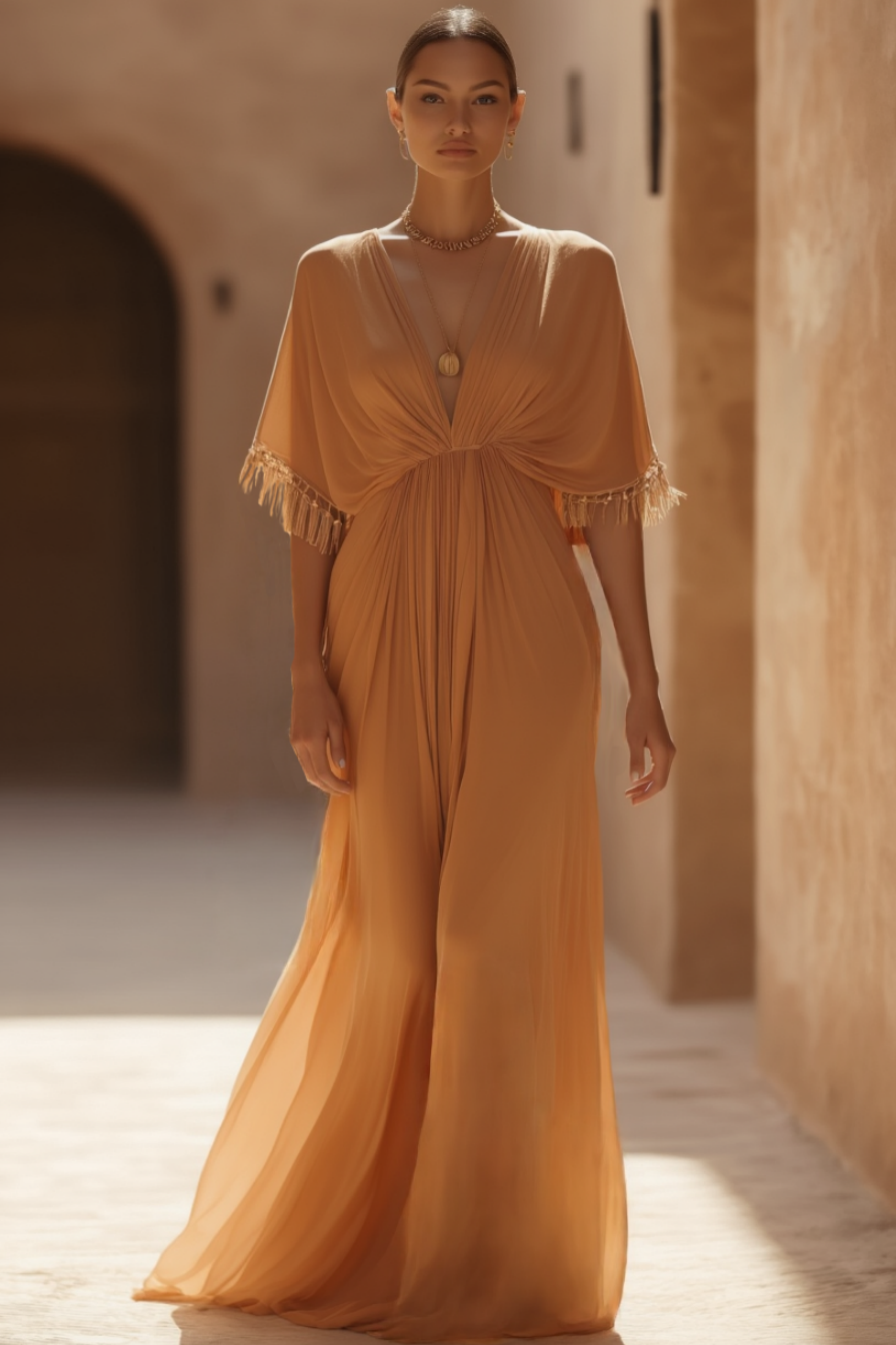Bohemian Holiday Dress Orange Half Sleeve Floor-Length Dress