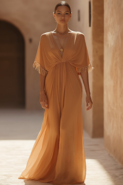 Bohemian Holiday Dress Orange Half Sleeve Floor-Length Dress