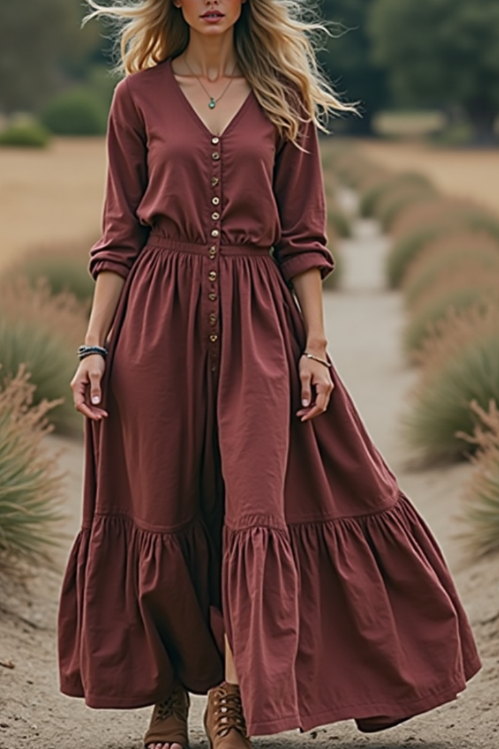 Bohemian Western Dress Fuchsia V Neck Ruched Maxi Dress