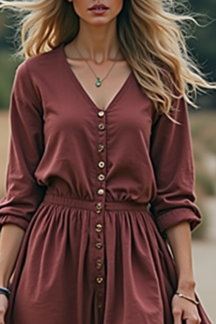 Bohemian Western Dress Fuchsia V Neck Ruched Maxi Dress