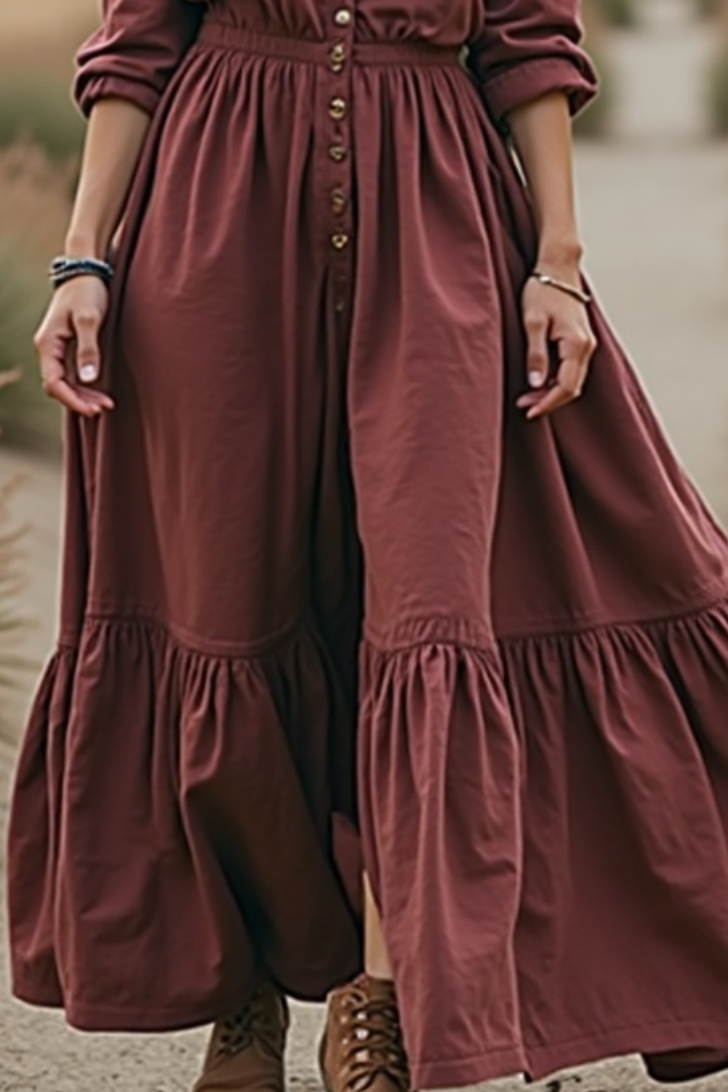 Bohemian Western Dress Fuchsia V Neck Ruched Maxi Dress