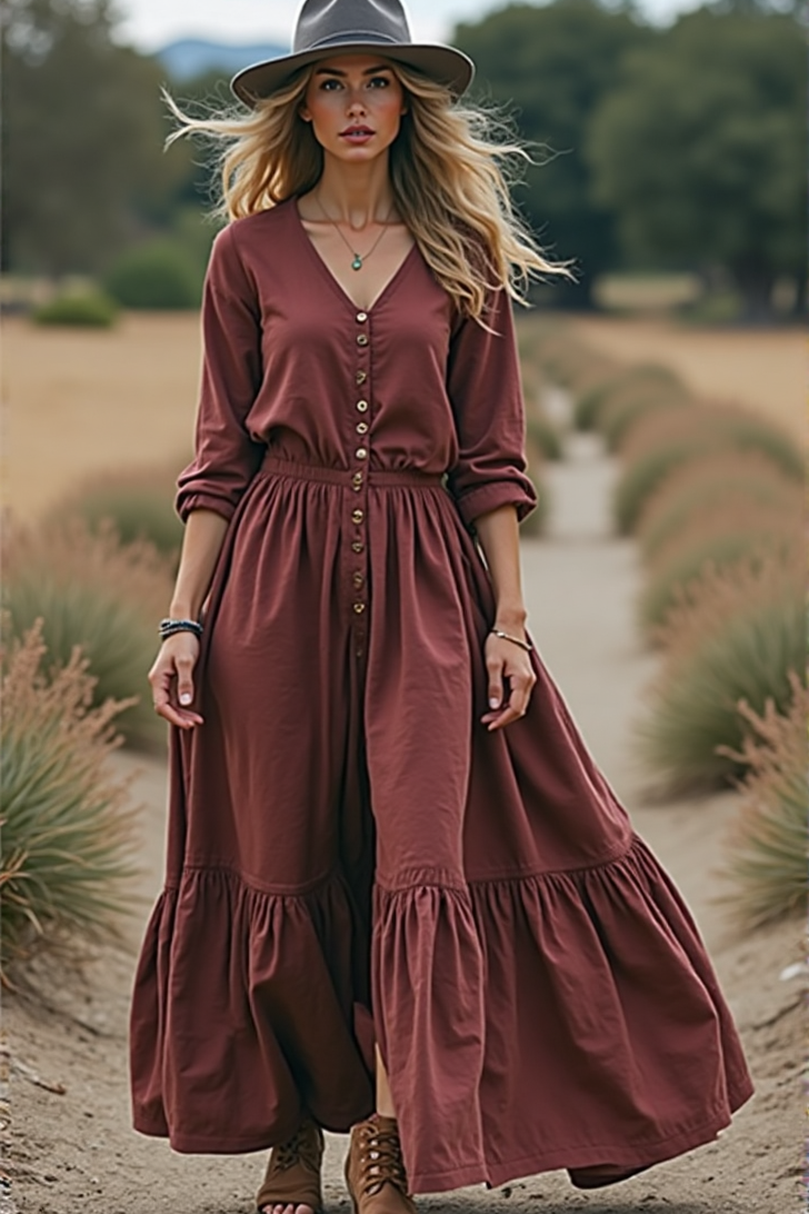 Bohemian Western Dress Fuchsia V Neck Ruched Maxi Dress