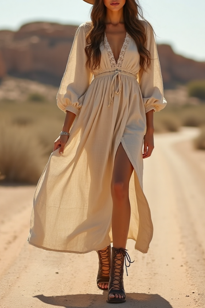 Bohemian Western Wrap Dress White V Neck Maxi Dress