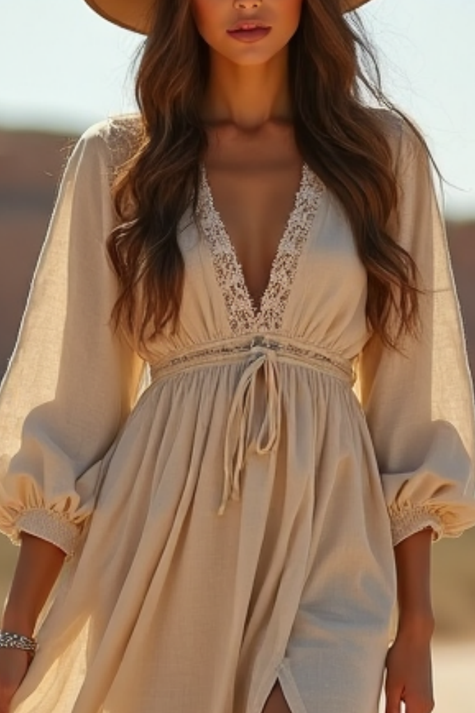 Bohemian Western Wrap Dress White V Neck Maxi Dress