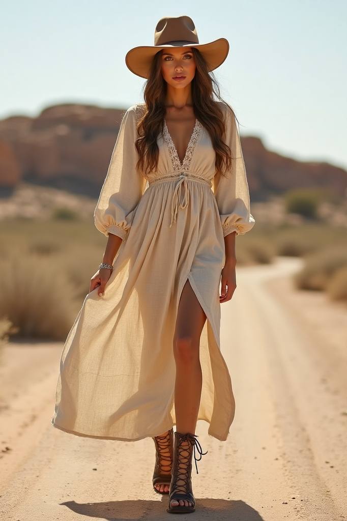 Bohemian Western Wrap Dress White V Neck Maxi Dress