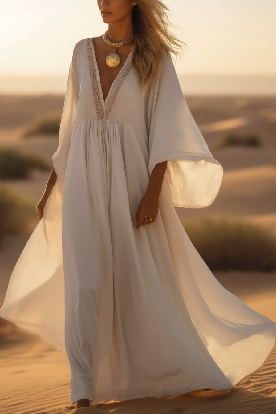 Bohemian Swing Dress White Deep V Colorblock Maxi Dress
