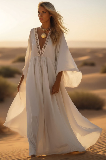 Bohemian Swing Dress White Deep V Colorblock Maxi Dress