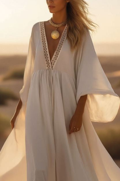 Bohemian Swing Dress White Deep V Colorblock Maxi Dress