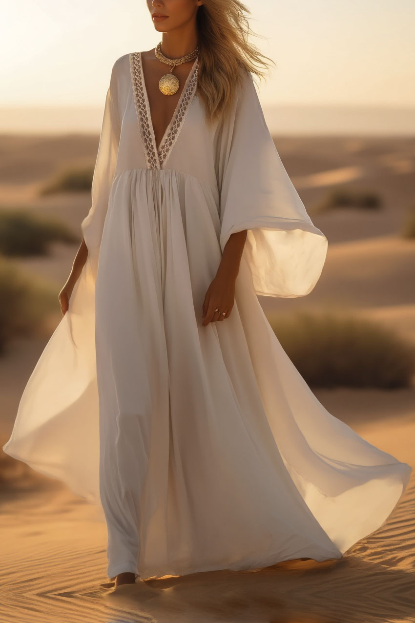 Bohemian Swing Dress White Deep V Colorblock Maxi Dress