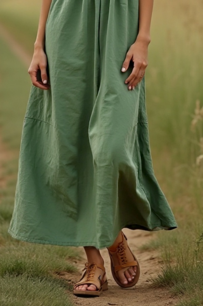 Bohemian Dress Green V Neck Ruched Maxi Dress