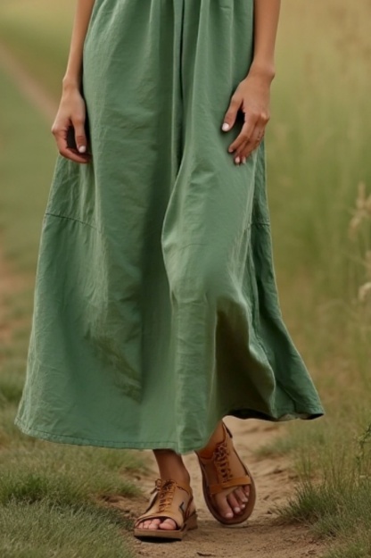 Bohemian Dress Green V Neck Ruched Maxi Dress