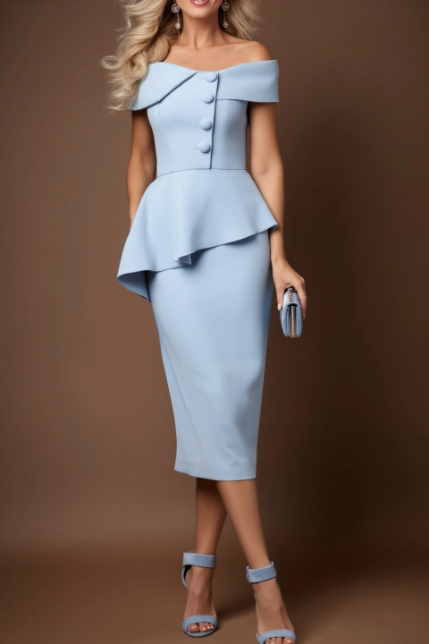 Semi-Formal Party Dress Blue Off-Shoulder Ruffle Midi Dress