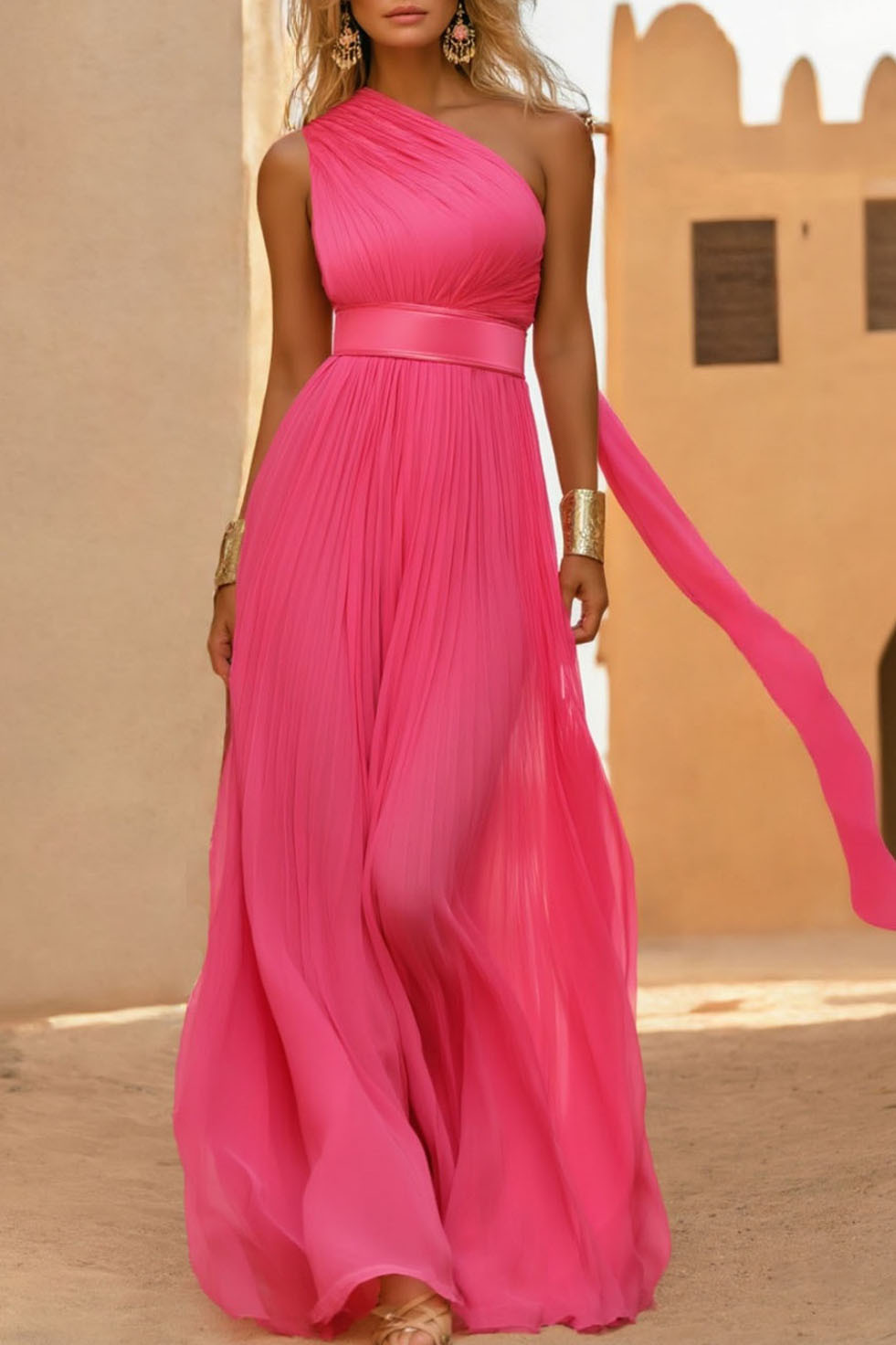 Formal Dress​​ Rose One Shoulder Sleeveless Maxi Dress