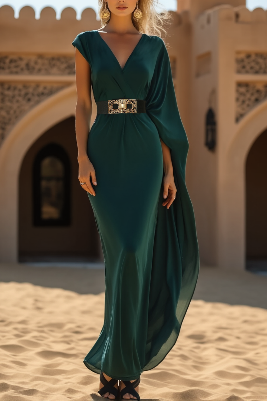 Formal Dress​​ Green V Neck Belted Maxi Sheath Dress