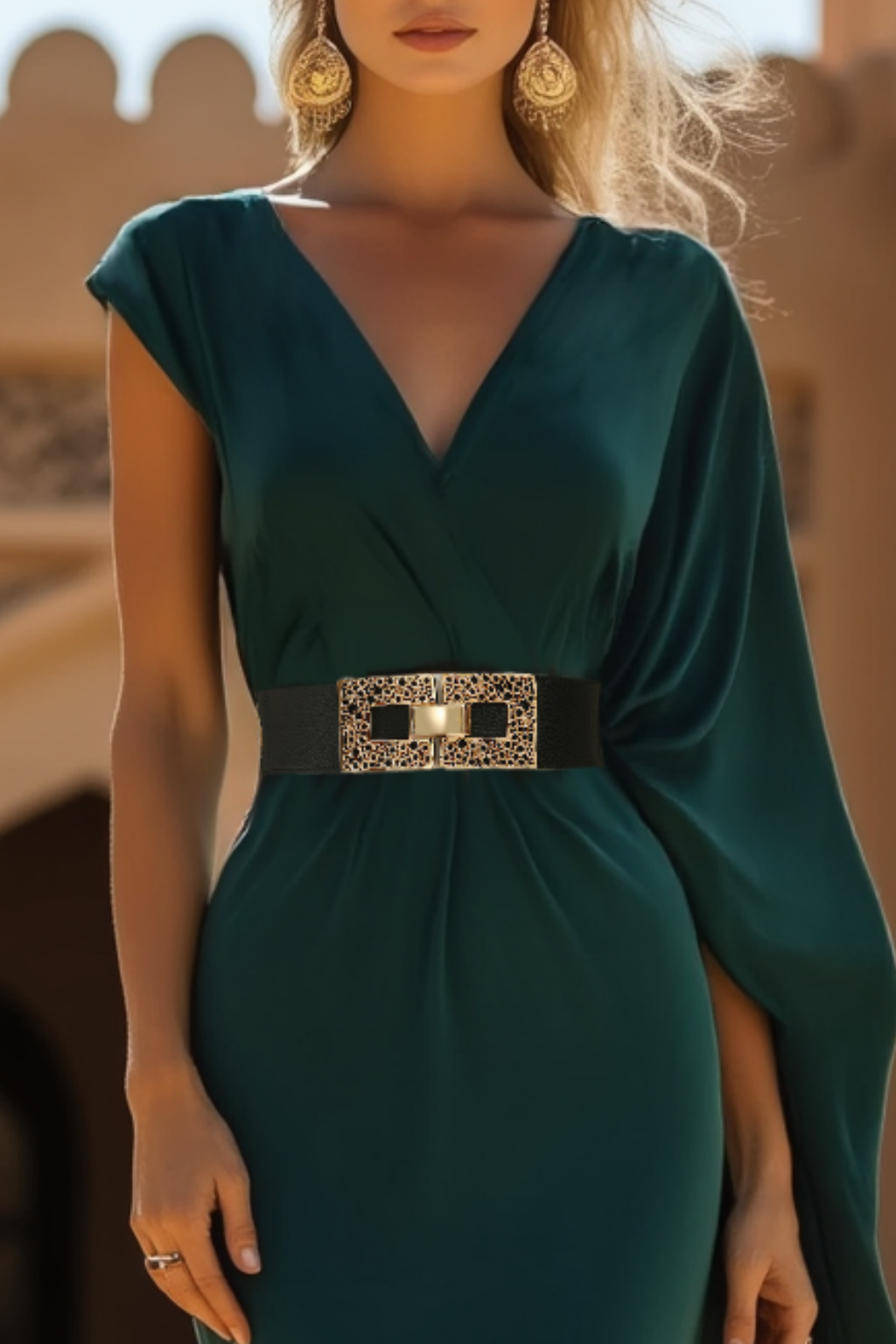 Formal Dress​​ Green V Neck Belted Maxi Sheath Dress