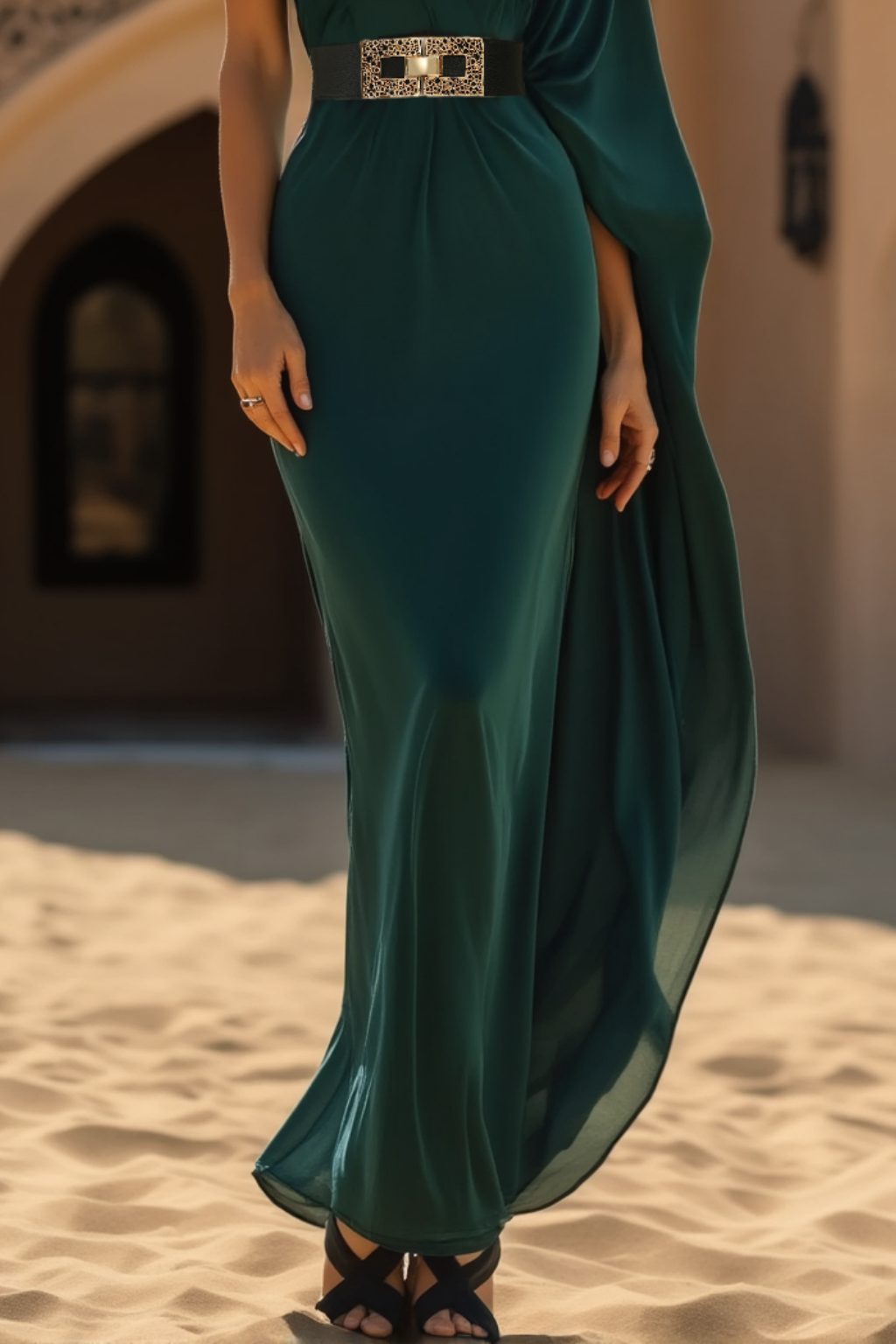Formal Dress Green V Neck Belted Maxi Sheath Dress