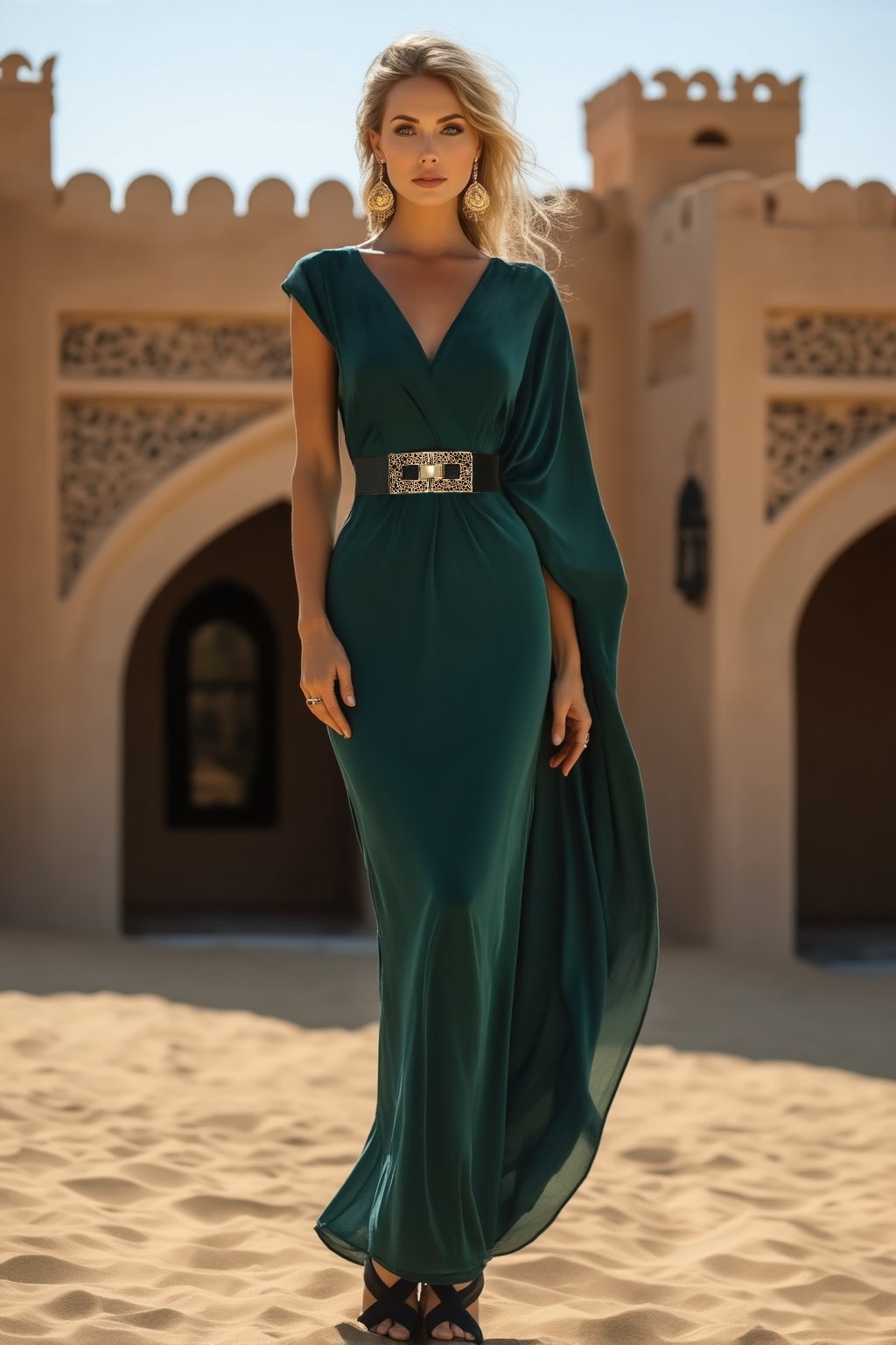 Formal Dress Green V Neck Belted Maxi Sheath Dress
