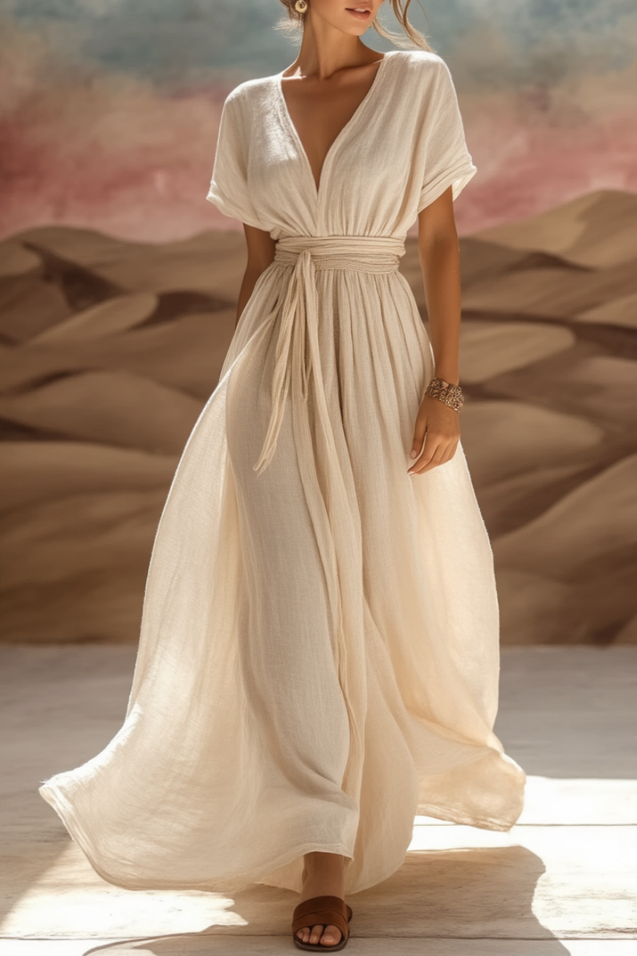 Bohemian Dress White V Neck Ruched Maxi Dress