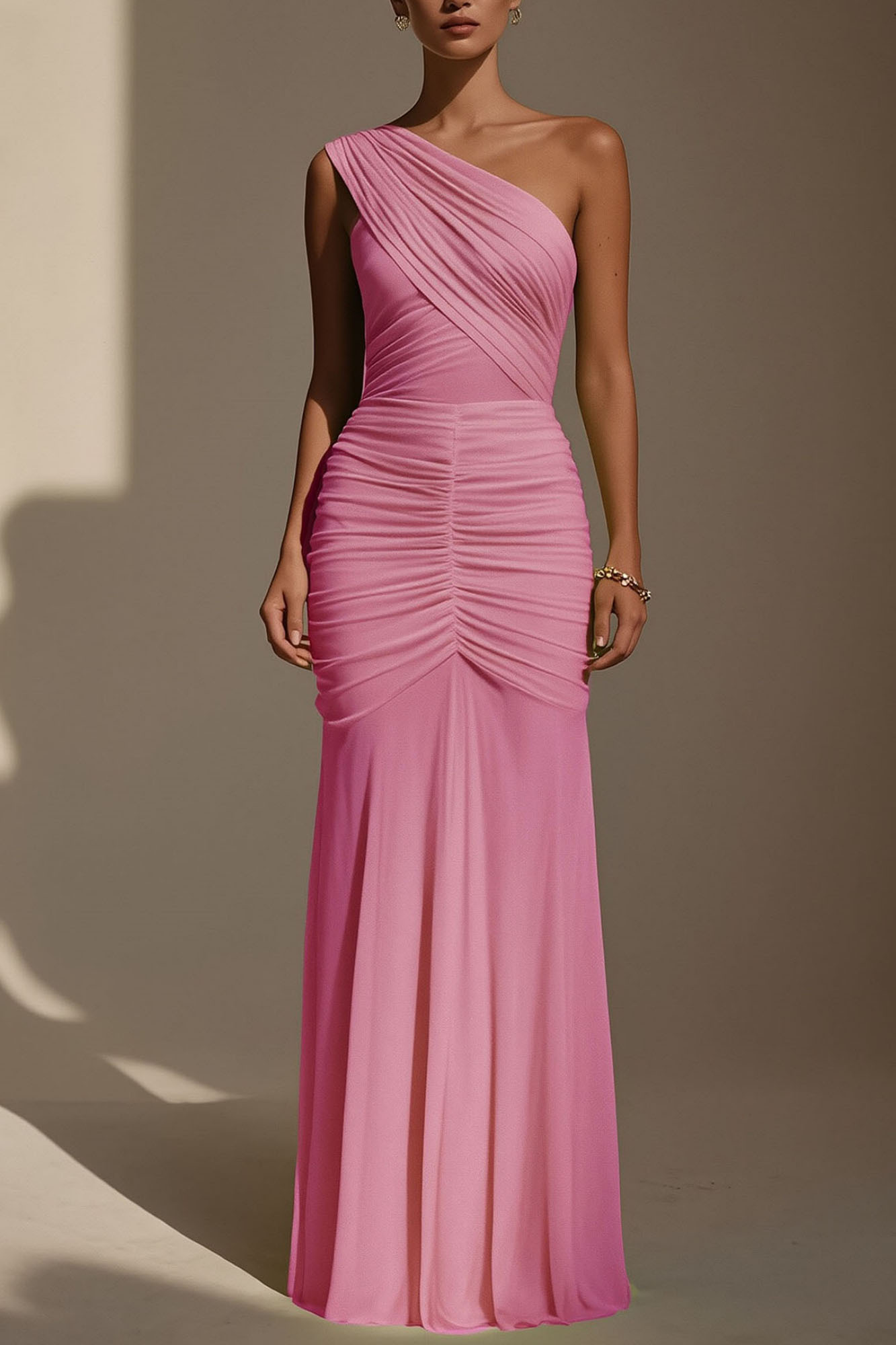 Evening Formal Dress​​ Pink One Shoulder Ruched Maxi Dress