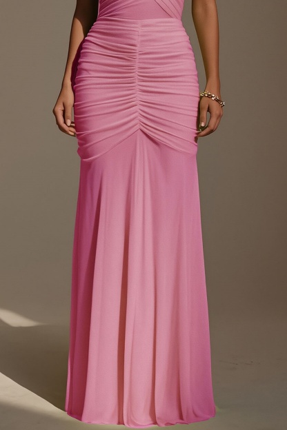 Evening Formal Dress​​ Pink One Shoulder Ruched Maxi Dress
