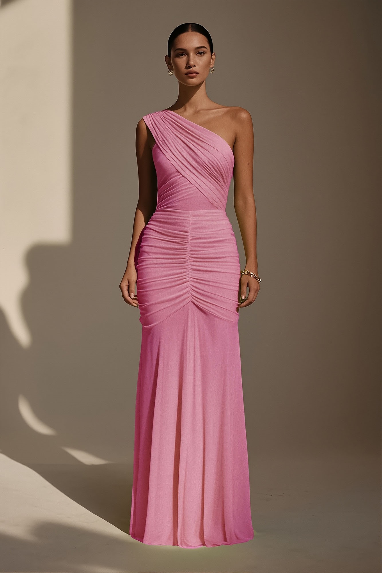 Evening Formal Dress Pink One Shoulder Ruched Maxi Dress
