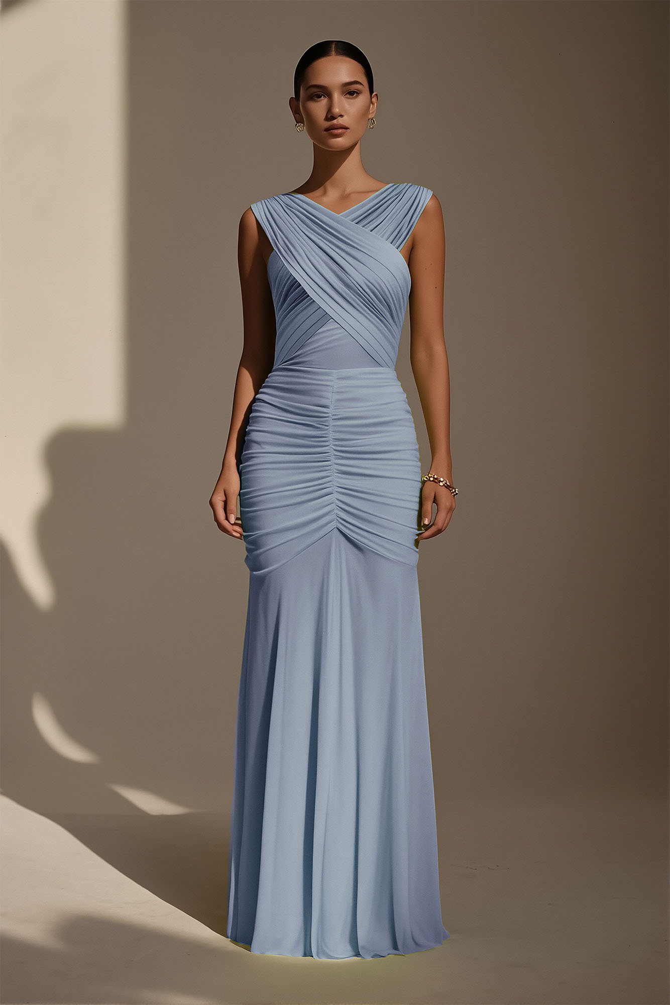 Evening Formal Dress​​ Blue V Neck Ruched Maxi Dress
