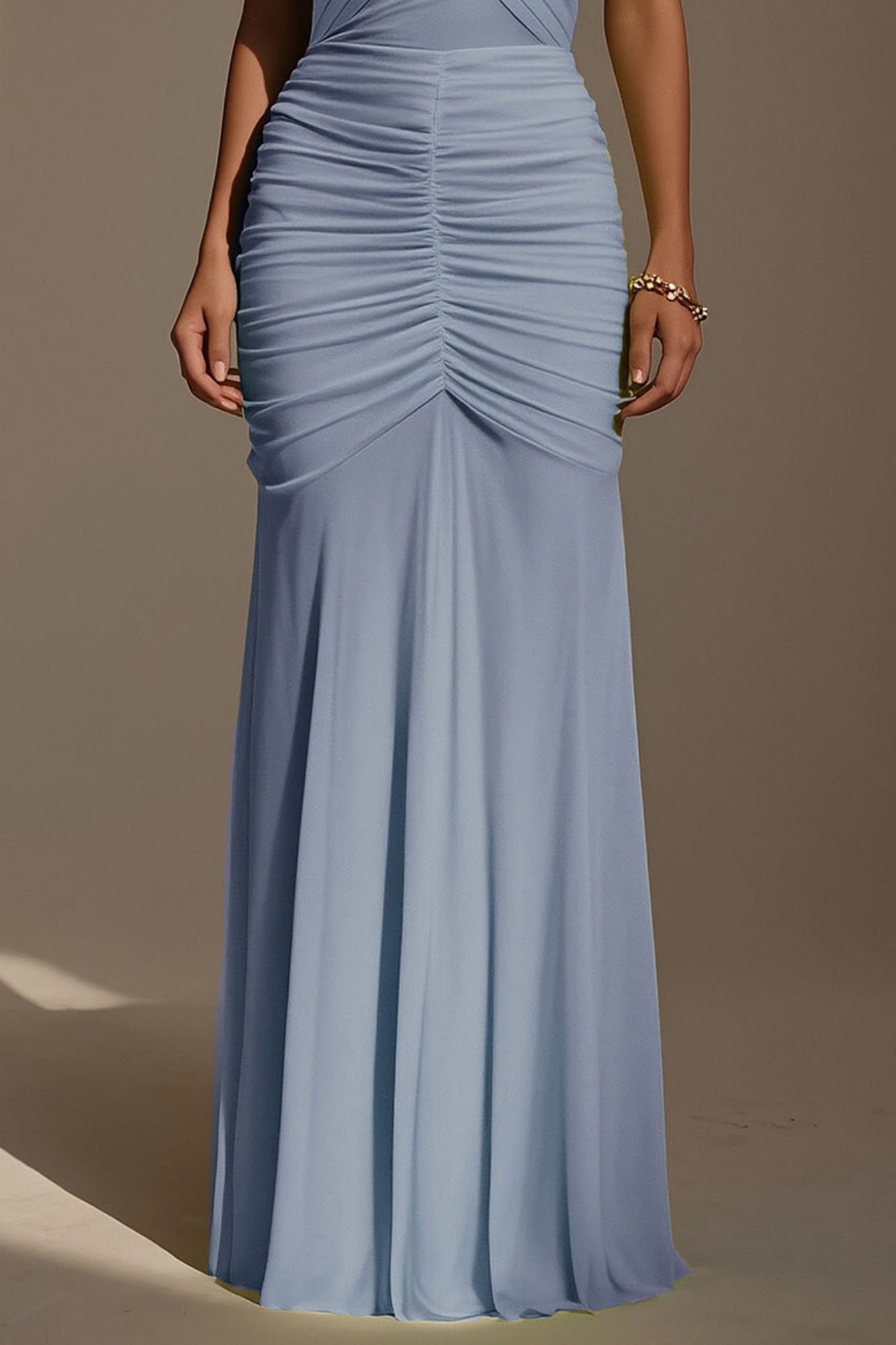 Evening Formal Dress​​ Blue V Neck Ruched Maxi Dress