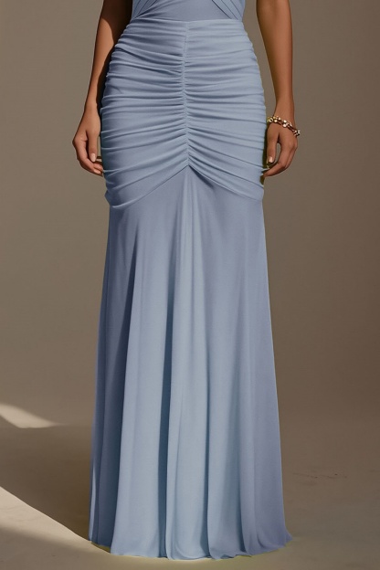 Evening Formal Dress​​ Blue V Neck Ruched Maxi Dress