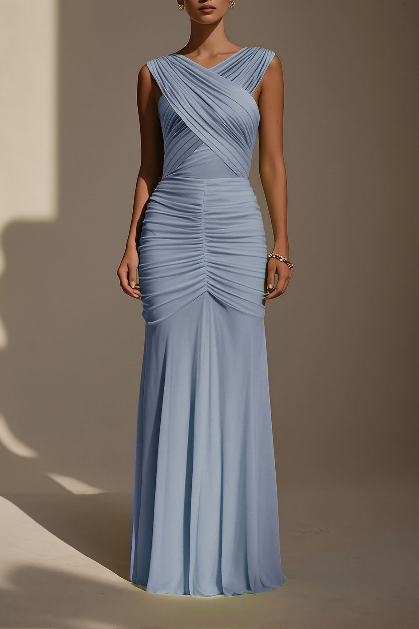 Evening Formal Dress​​ Blue V Neck Ruched Maxi Dress