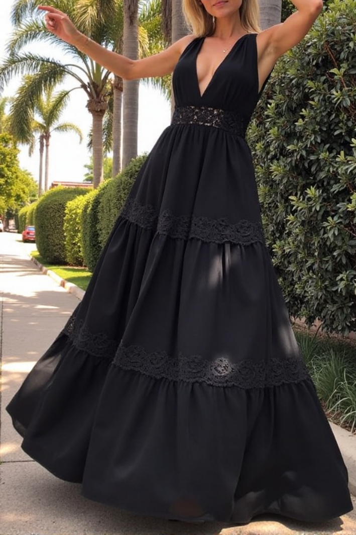 Bohemian Dress Black Deep V Ruched Maxi Dress