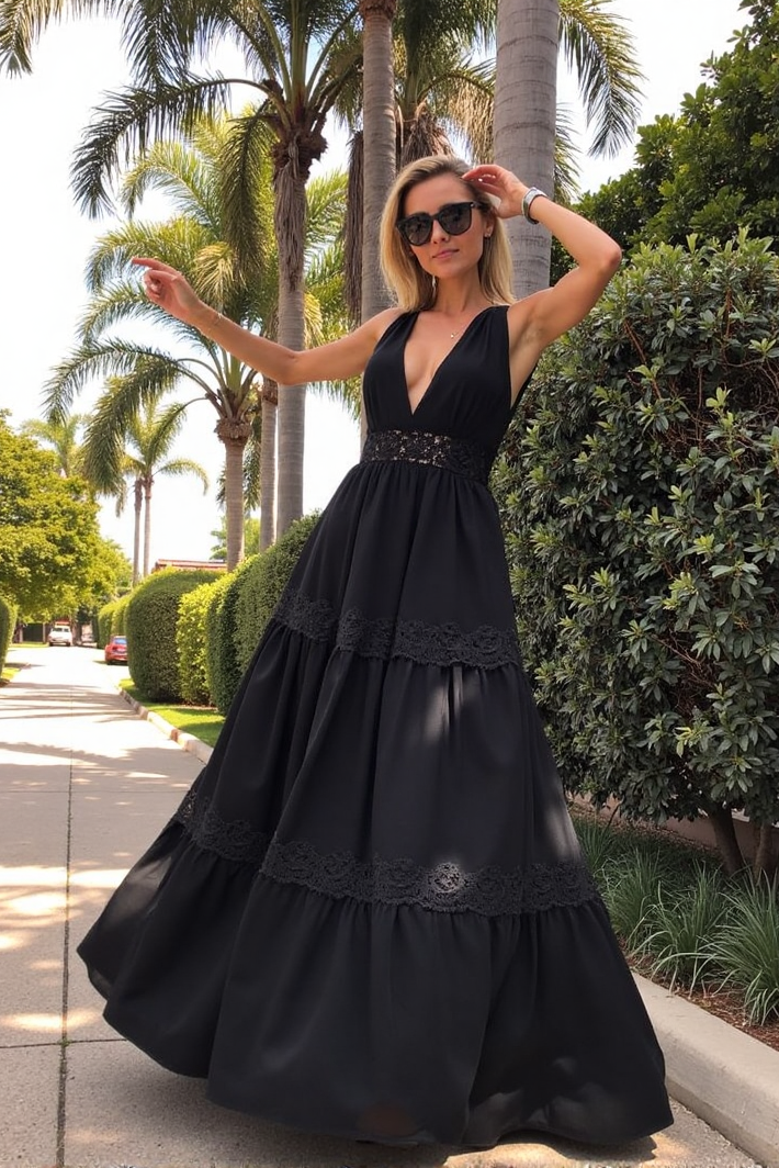 Bohemian Dress Black Deep V Ruched Maxi Dress
