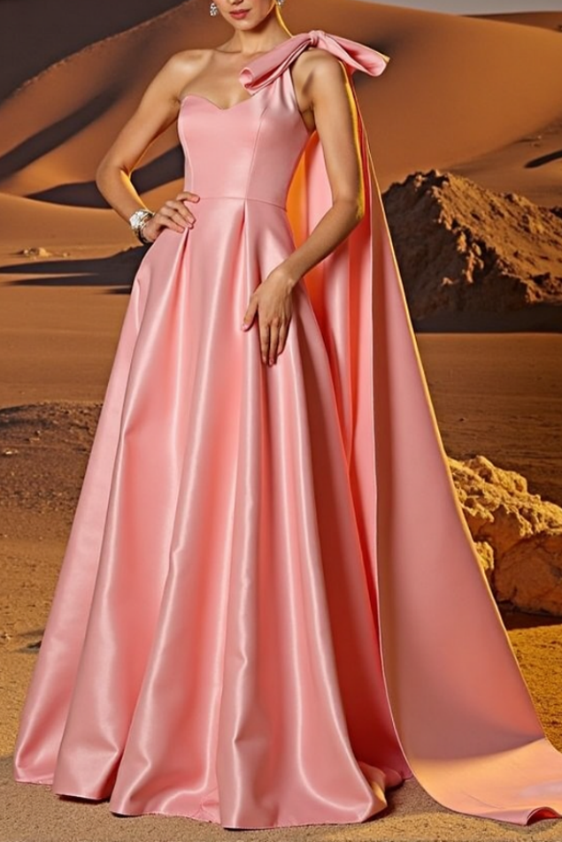 Evening Formal Satin Dress​​ Pink One Shoulder A-Line Floor-Length Dre