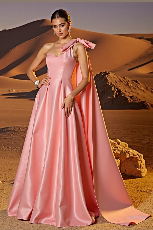 Evening Formal Satin Dress Pink One Shoulder A-Line Floor-Length Dress