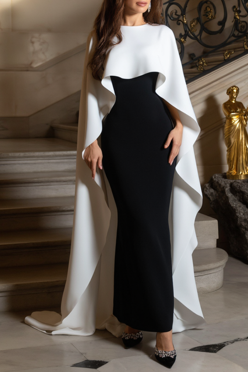 Evening Formal Dress​​ Black White Crew Neck Sheath Floor-Length Dress