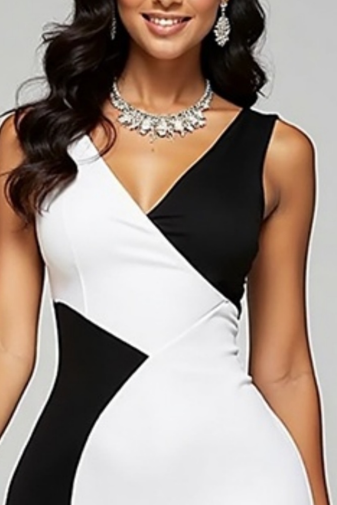 ​Business Dress​ Black White V Neck Sheath Knee-Length Dress