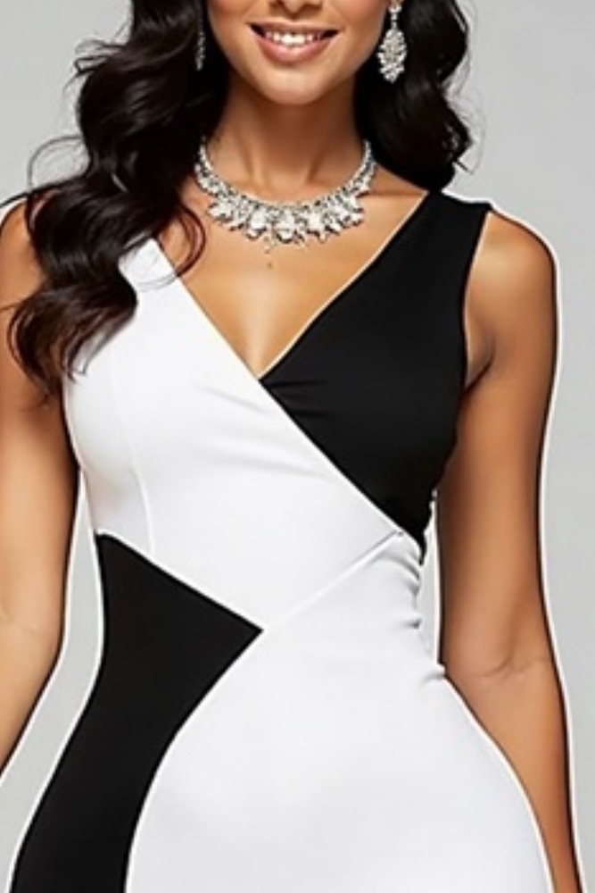 ​Business Dress​ Black White V Neck Sheath Knee-Length Dress