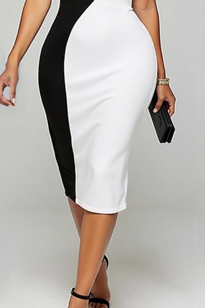 Business Dress Black White V Neck Sheath Knee-Length Dress