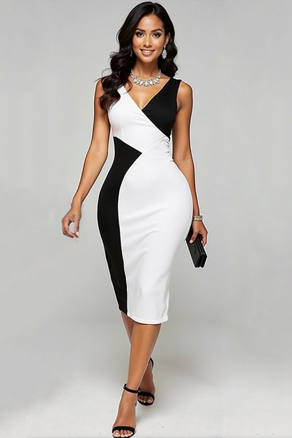 ​Business Dress​ Black White V Neck Sheath Knee-Length Dress