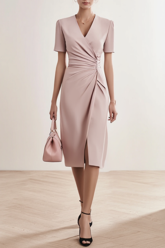 Cocktail ​Party ​​Wrap Dress Pink V Neck Knee Dress