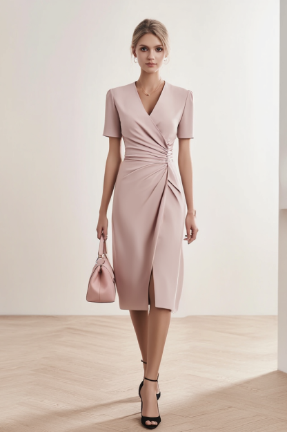 Cocktail ​Party ​​Wrap Dress Pink V Neck Knee Dress