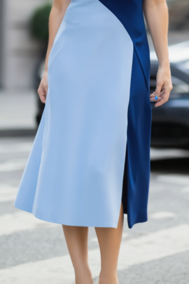 Business Dress Dress Blue Crew Neck Colorblock Midi Dress