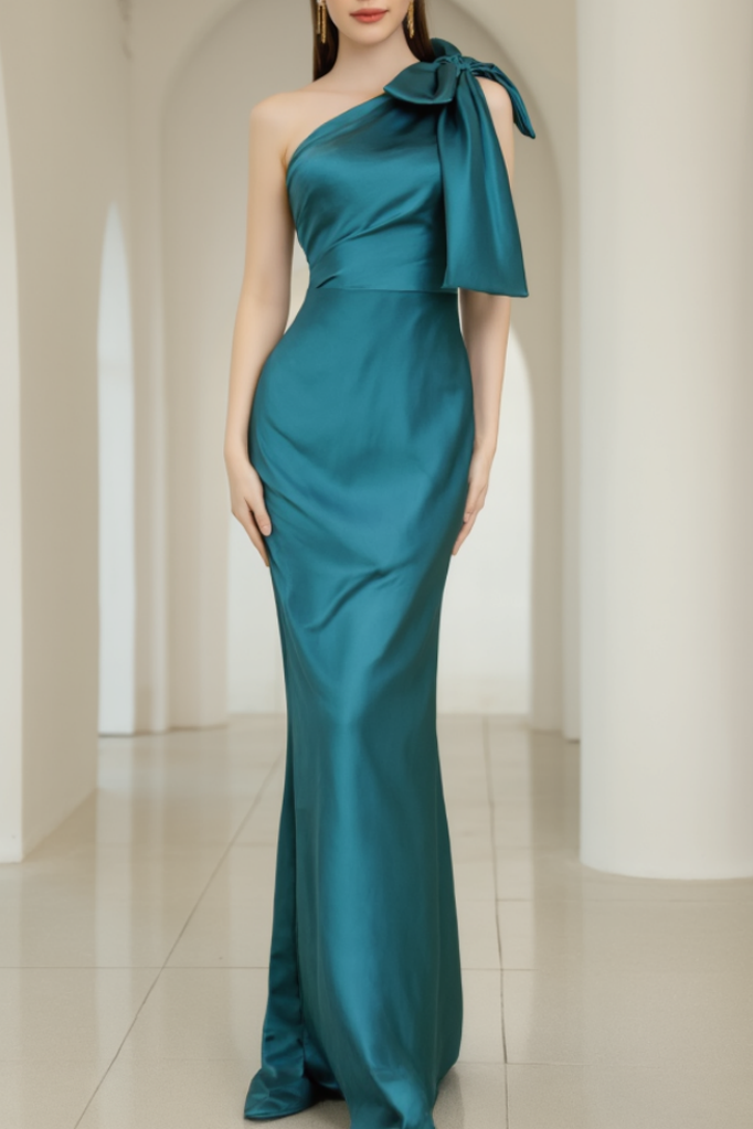 Evening Formal Satin Dress​​ Green One Shoulder Floor-Length Dress